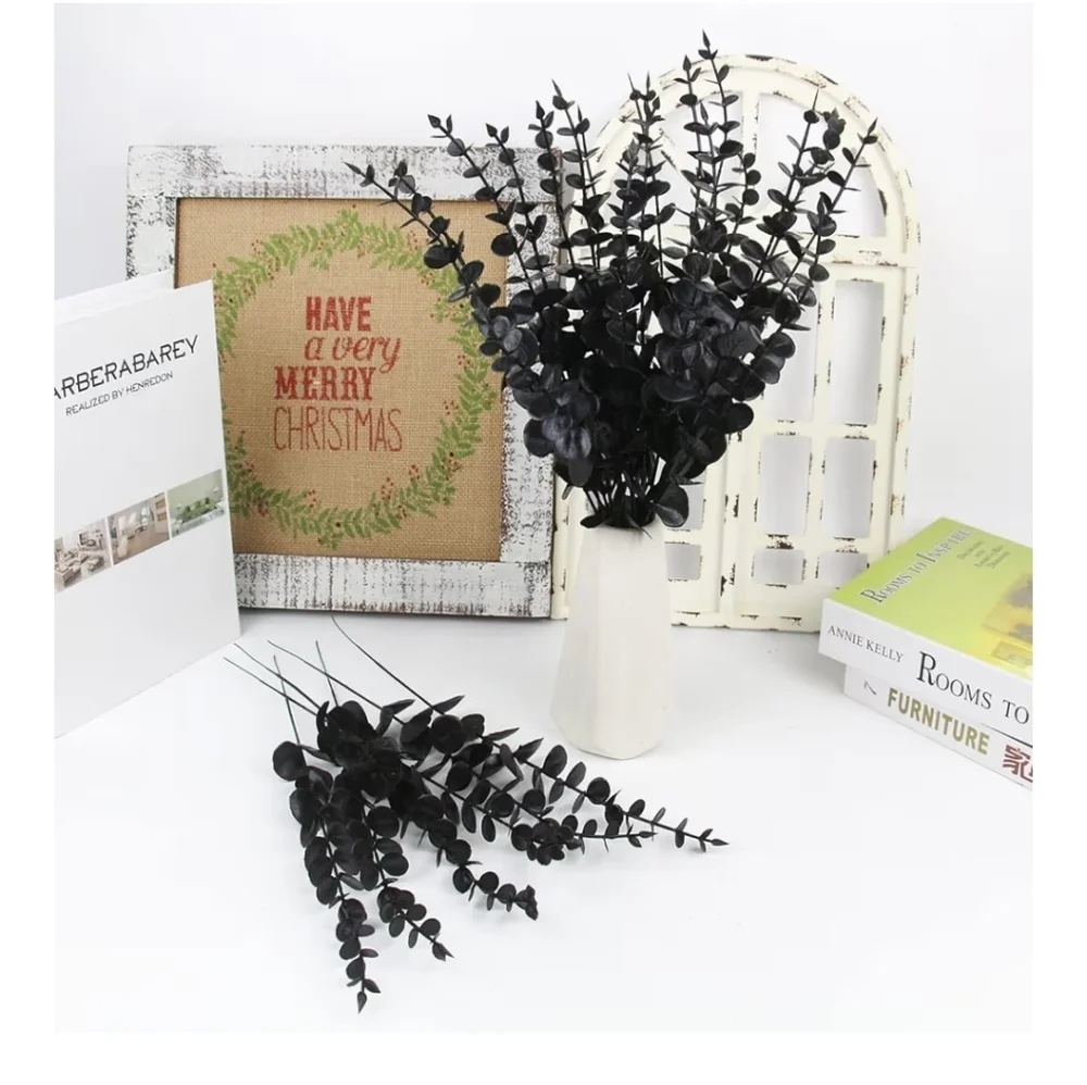 Set of 15 Faux Eucalyptus Stems - 10 Black & 5 Silver - 15